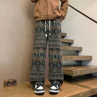 Wide leg pants Men's Vintage Geometric Knitted jacquard pants Casual Straight  Pants Ethnic Tribal Style Winter Trousers man