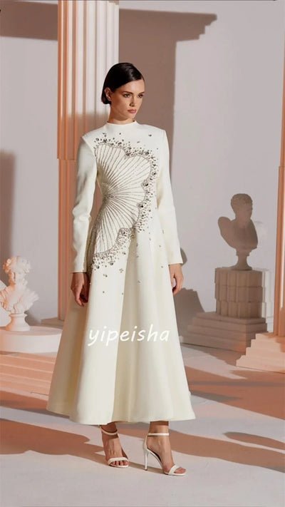 Customized Prom Gown Sequined Flower Beading Ruched Celebrity A-line High Collar High Quality Occasion Gown Dresses for Women