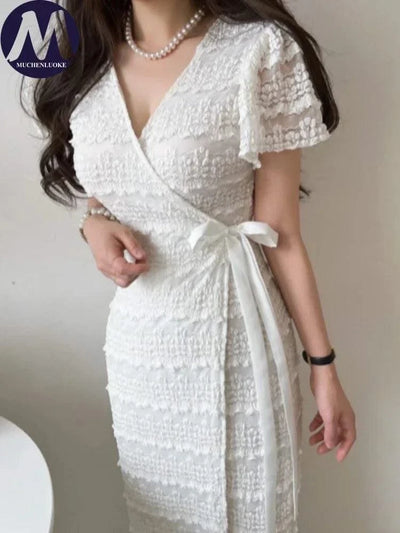 Elegant Sexy Crochet Flower Short Sleeve V Neck Dress, Slim Fit High Waisted Lace Up Dress for Women