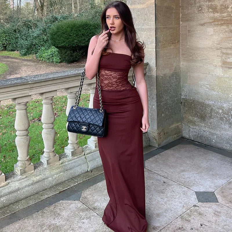 Lace-up Long Dresses For Women Evening Party Clothing Asymmetrical Lace Bodycon Vestidos De Mujer Sleeveless Robe Femme Été