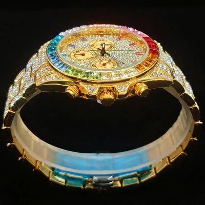 2025 Top Luxury Watch For Men Fashion Ice Diamond Hip Hop Rainbow Diamond Multifunction Man Quartz Wristwatch Gift Dropshipping
