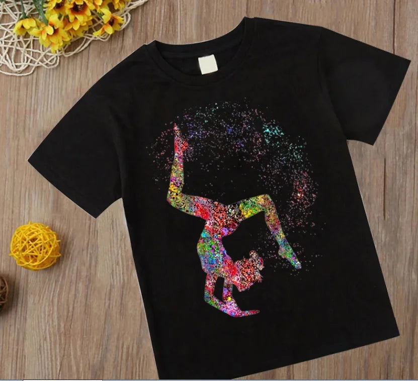 Watercolor Gymnastics Girl Printed Cute Children's T-shirt Children's Black T-shirt Exercise Enthusiast Birthday Gift