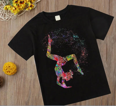 Watercolor Gymnastics Girl Printed Cute Children's T-shirt Children's Black T-shirt Exercise Enthusiast Birthday Gift