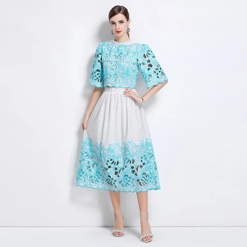 Summer Short Sleeve A-LINE Set Skirt for Women Fashion Ruffled Collar Embroidery Set Skirt Women Vestidos De Verano Mujer Q344