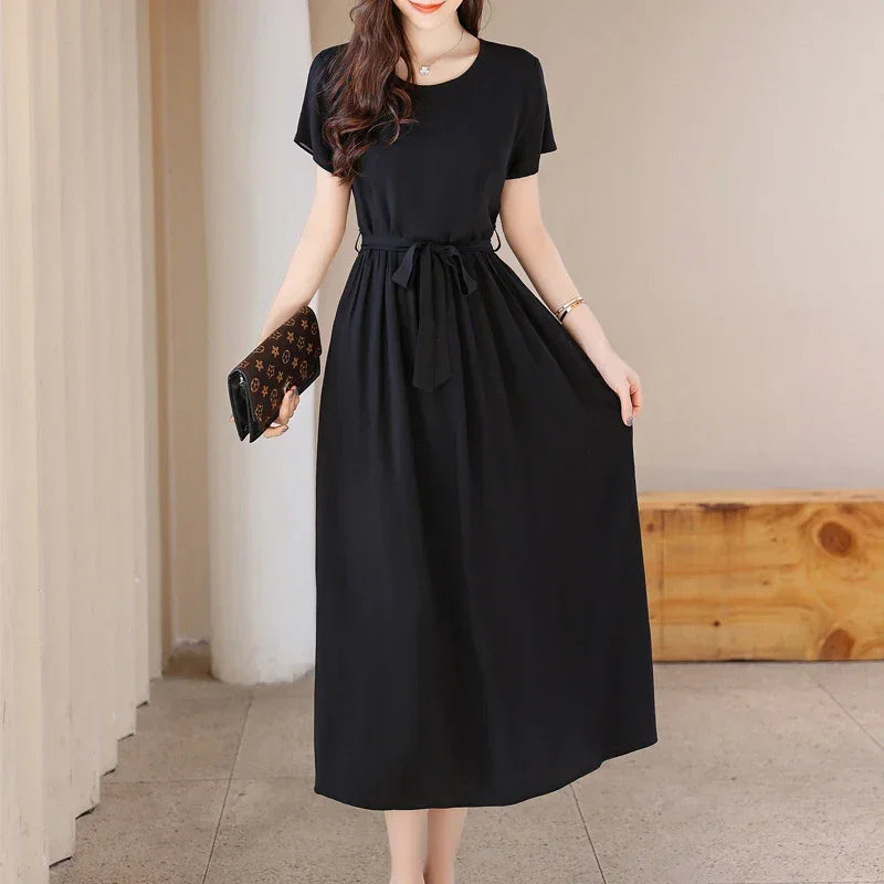 New Fashion Summer Dresses For Women 2025 Elegant Casual Short Sleeve Midi Dress Soild Colour Women Clothing
