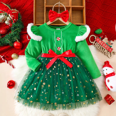 Christmas Dress Set Girl Autumn Long Sleeve Velvet Star Tulle Dress with Bow Headband Festive Clothes