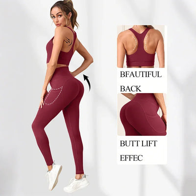 Women's Yoga Suit Cross-Back Sports Bra with Pads Control Leggings with Pockets