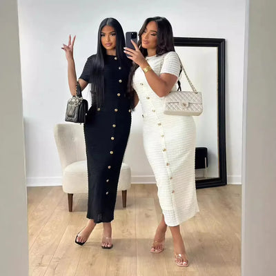 Knitted Dress Single Breasted Short Sleeve Women Dresses Solid Sexy Slim Fit Wrap Buttocks Spliced Buttons Ankle Length