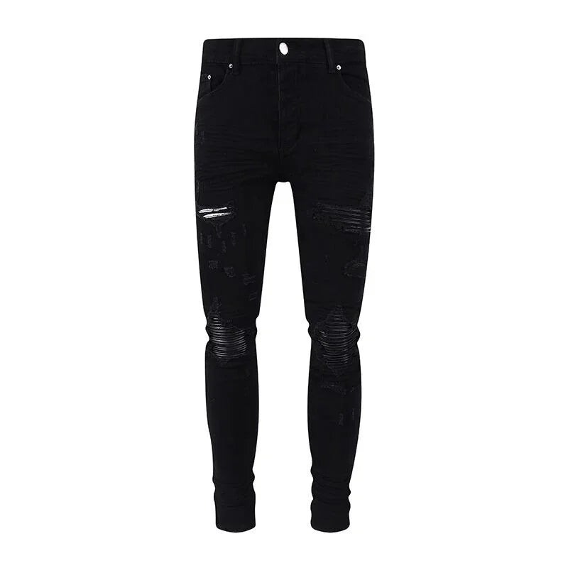 Fashion Designer Men Jeans High Quality Black Stretch Skinny Fit Leather Patched Ripped Jeans Men Y2K Brand Hip Hop Denim Pants