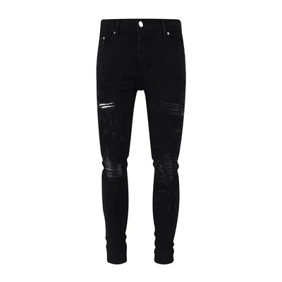 Fashion Designer Men Jeans High Quality Black Stretch Skinny Fit Leather Patched Ripped Jeans Men Y2K Brand Hip Hop Denim Pants