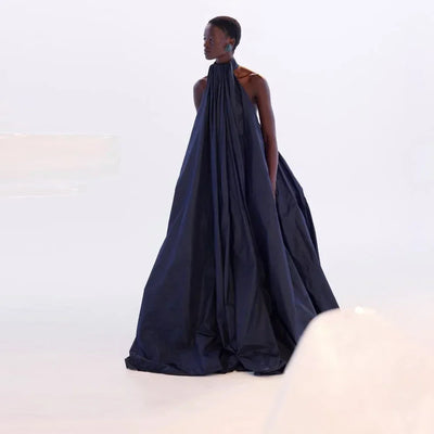 Modest Dark Navy Blue Taffeta Loose Robe Halter A-line Long Women Formal Party Dresses Female Maxi Dress