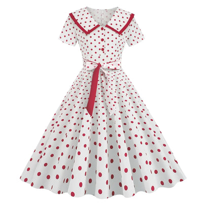 Polka Dot Print Vintage Dress For Women A Line Temperament Lapel Cocktail Party Dresses Ladies Slim Long Dresses With Belt