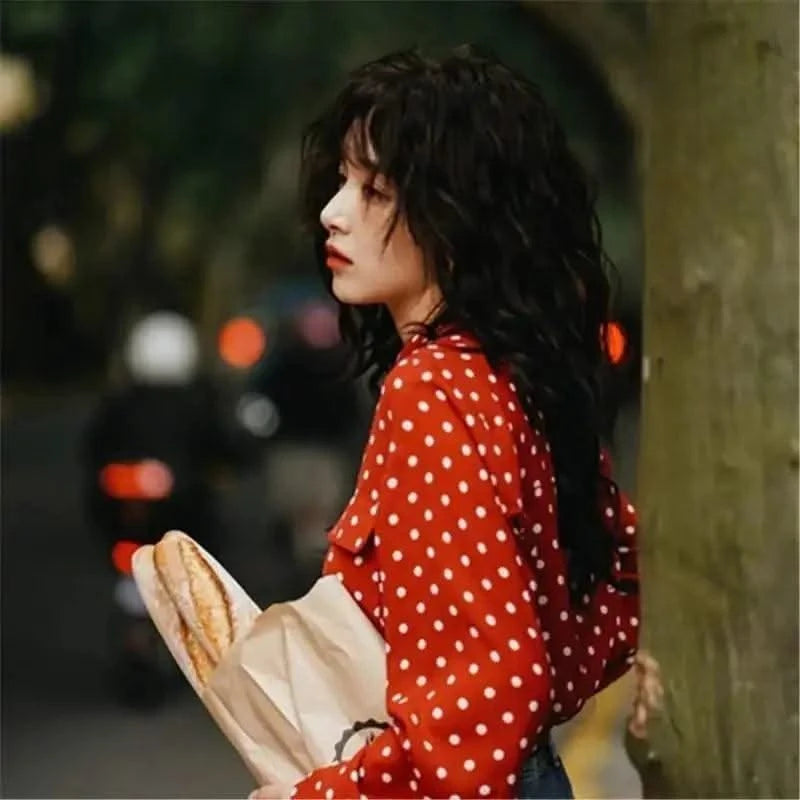 Top V-neck Red Polka Dot Shirt for Women