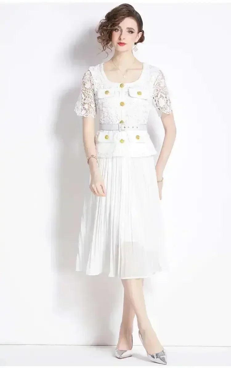 Luxury evening dress women summer vacation short sleeve pleated lace chiffon long dresses white single breasted midi