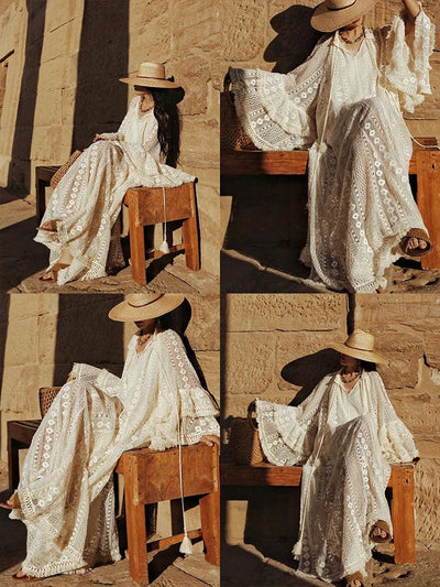 TIYIHAILEY Lace Embroidery Spring Women Dresses Full Flare Sleevev Beige Loose Ladies Clothing Fashion Long Maxi 2025 2pcs New