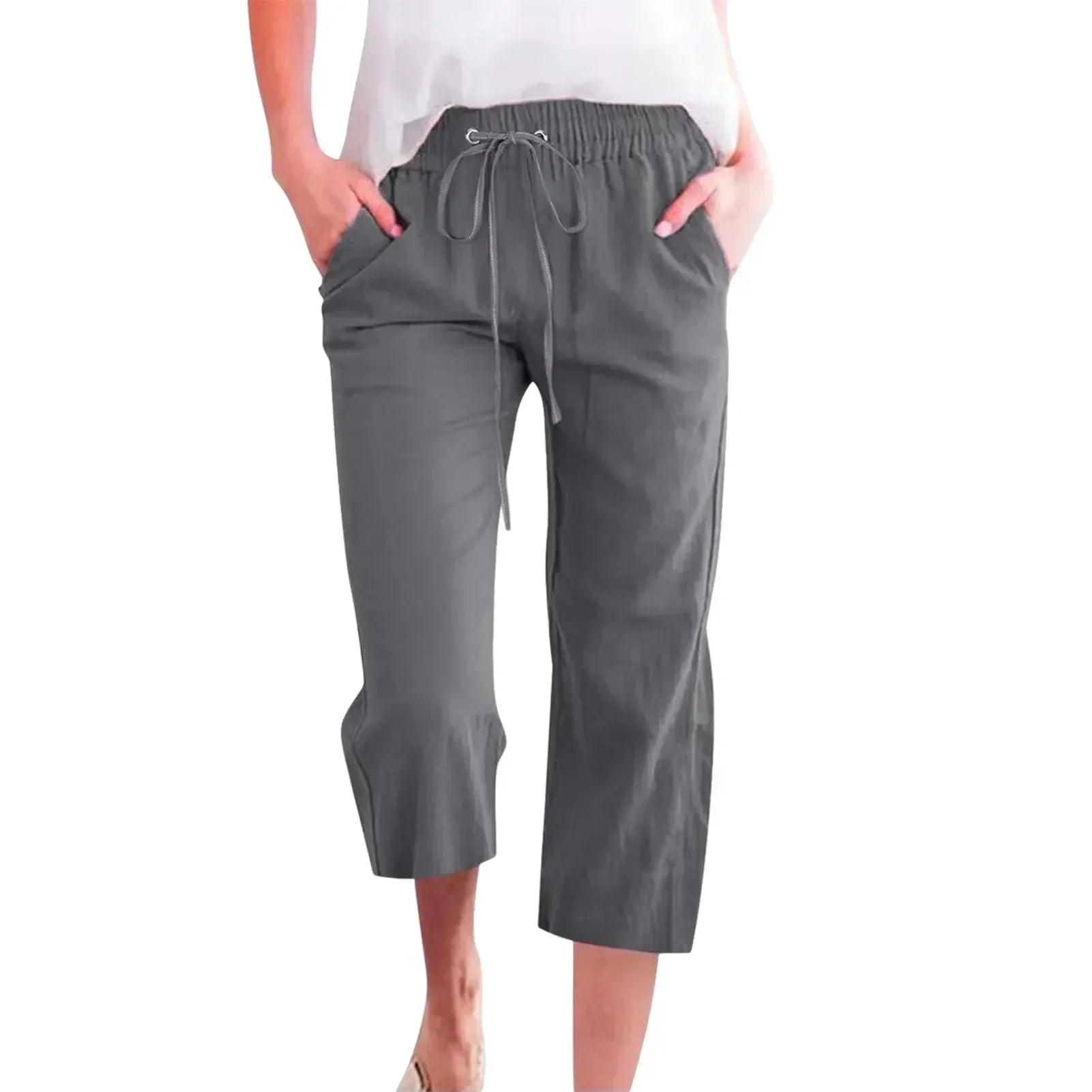 Women’s pants cotton linen harem cropped women drawstring lady pocket trousers loose ropa mujer juvenil