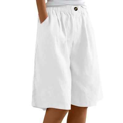 Women's Fashion Solid Color Cotton Linen Shorts - Loose Elastic Waist Capris with Pocket and Button Up Design