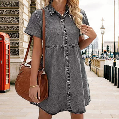 Women Babydoll Dress Stylish Women's A-line Denim Mini Dress with Short Sleeves Button-down Detail for Dating Commuting Parties