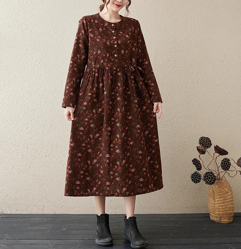 Long Sleeve Cotton Linen Vintage Floral Print Dresses For Women 2025 New Spring Autumn Casual Dress Robe Femme Elegant Clothing
