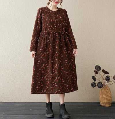 Long Sleeve Cotton Linen Vintage Floral Print Dresses For Women 2025 New Spring Autumn Casual Dress Robe Femme Elegant Clothing