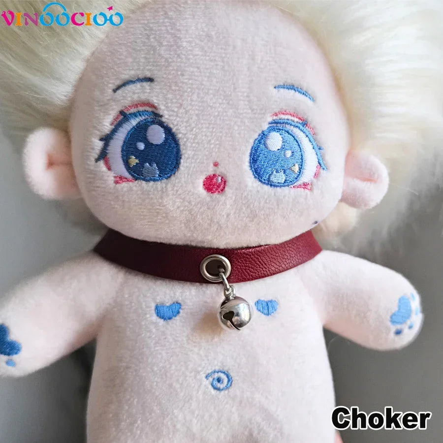 20cm Cotton Doll Choker Skull Necklace with Chains Bell Leather Leadrope Handmade Cotton Doll Accessories