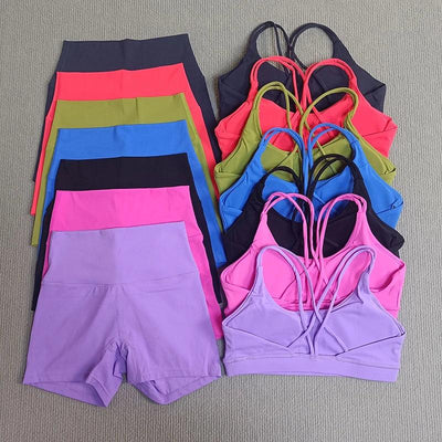 2 Pieces Yoga Set Gym Shorts Sports Set Women Workout Outfit Fitness Suit Cross Straps Bra High Waist Shorts Running Tracksuit