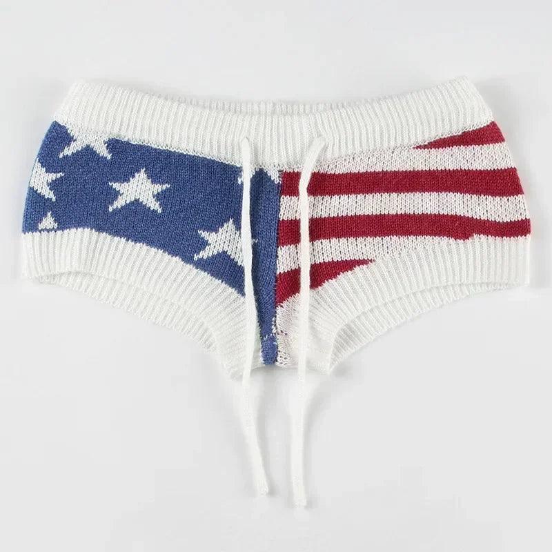Y2k knitted very short shorts 2000s sexy knit hot stars and stripes print pants for women america/usa flag