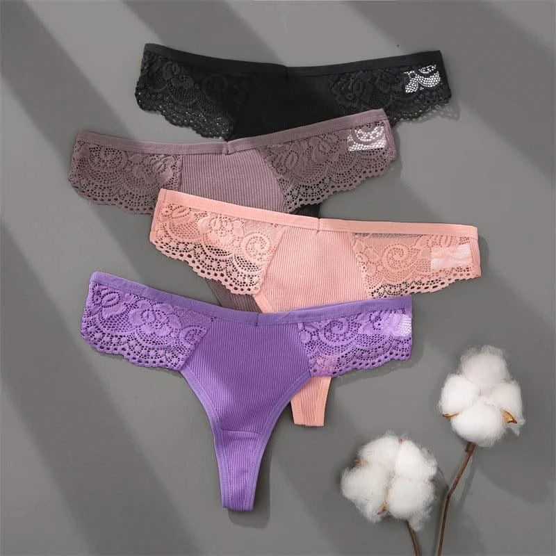 FINETOO 3Pcs Women's Cotton Underwear Lace Thongs Sexy Solid Color Low Waist Bikini Panties Ladies Breathable G-string Lingerie
