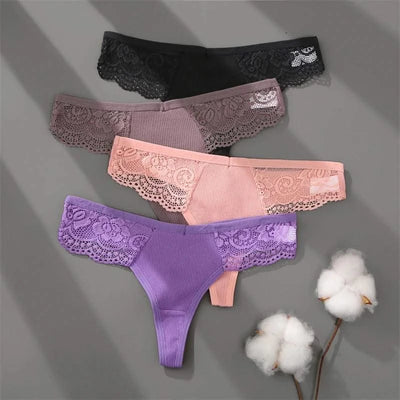 FINETOO 3Pcs Women's Cotton Underwear Lace Thongs Sexy Solid Color Low Waist Bikini Panties Ladies Breathable G-string Lingerie