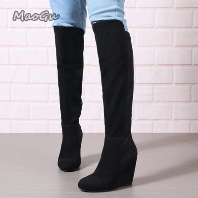 Women Autumn Winter Knee High Boots Wedge Boots for Women Plus Size Suede Elastic Women's Long Botas Feminino Botas Para Mujer