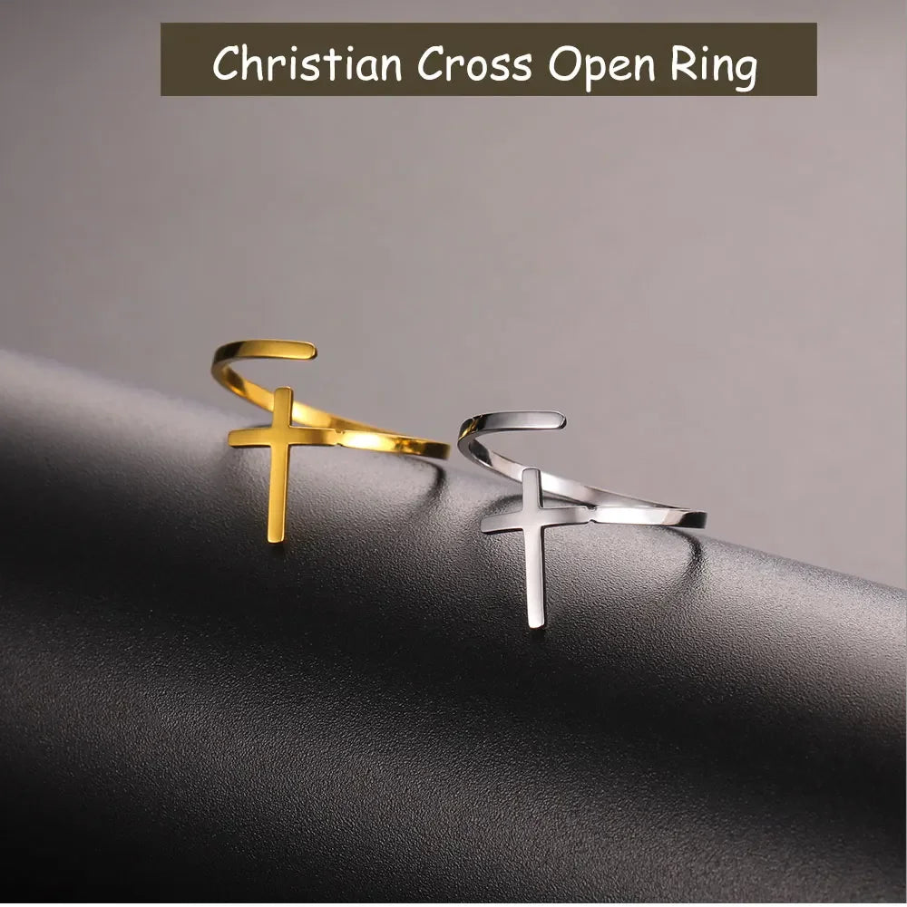 Cazador Christian Cross Open Rings for Women Stainless Steel Christian Jewelry Adjustable Finger Rings Birthday Valentine Gift