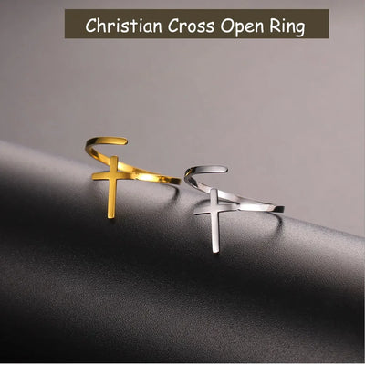 Cazador Christian Cross Open Rings for Women Stainless Steel Christian Jewelry Adjustable Finger Rings Birthday Valentine Gift