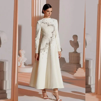 Customized Prom Gown Sequined Flower Beading Ruched Celebrity A-line High Collar High Quality Occasion Gown Dresses for Women