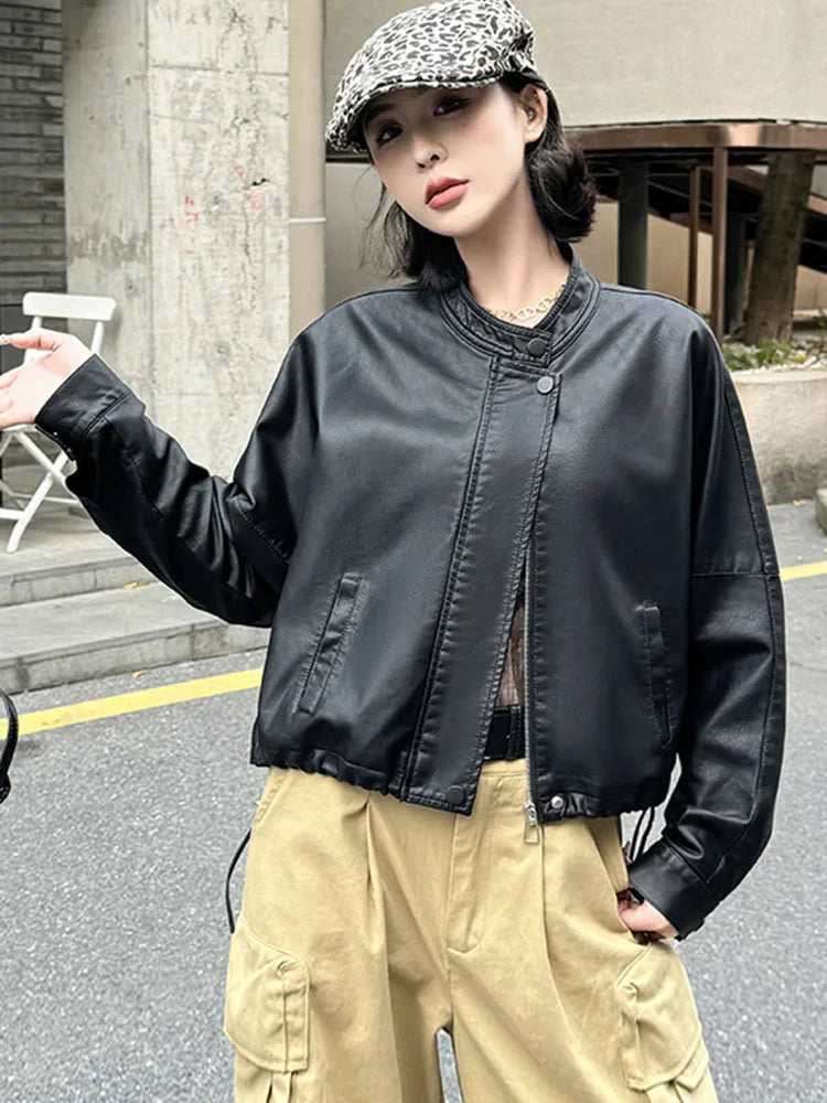 Women Blue Biker Pu Jackets Retro Streetwear Long Sleeve Moto Short Coats Casual O Neck Korean Fall Winter Pockets Outwear New