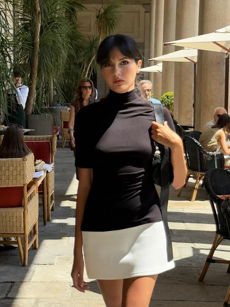 Turtleneck Splice Long Sleeve Mini Dress Women's Fashion Contrast Color Bodycon Sexy Dresses Autumn New Club Party Dress