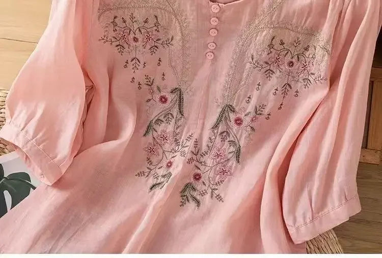 Linen V-neck EmbroideryTop For Women