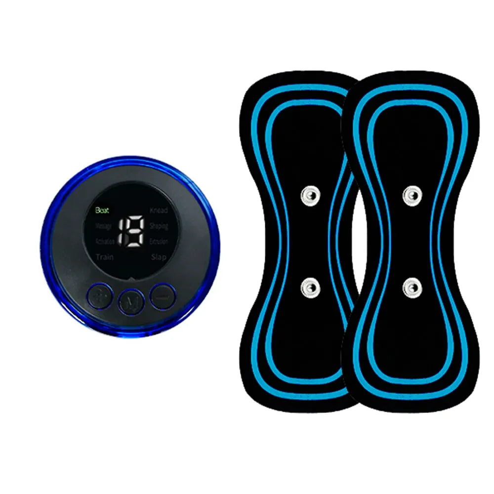 Blue and black smart electric neck massager with digital display and electrode pads for fatigue relief