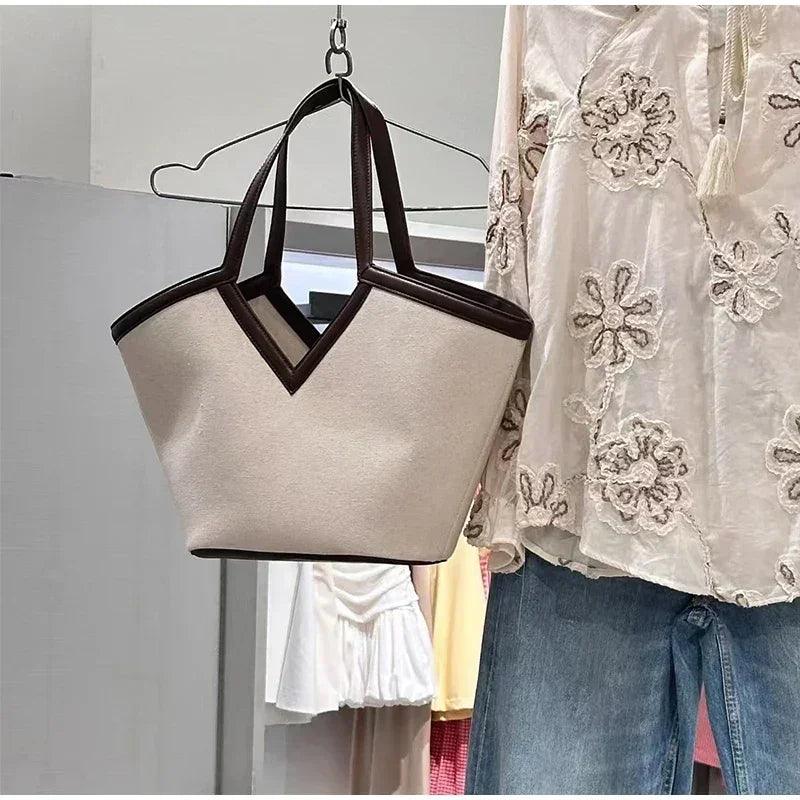 Fashion brand designer tote bags light luxury high-end v-shaped handbag simple versatile canvas bag large capacity