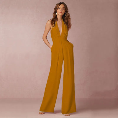 Spring And Summer Temperament Office Style Jumpsuit For Women Solid Color Sexy Deep V Backless Sleeveless Pocket Loose Jumpsuit
