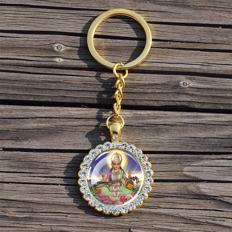 Shiva Nataraja Keychain Buddhist Jewelry Lakshmi Goddess Rhinestone Pendant Hinduism Amulet Keyring Gift