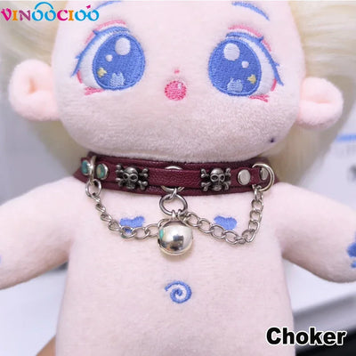 20cm Cotton Doll Choker Skull Necklace with Chains Bell Leather Leadrope Handmade Cotton Doll Accessories