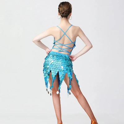 Women's Sexy Deep V Hollow Out Sequin Backless Sling Latin Dance Dress Ladies Charming Salsa Rumba Samba Tango Dancewear
