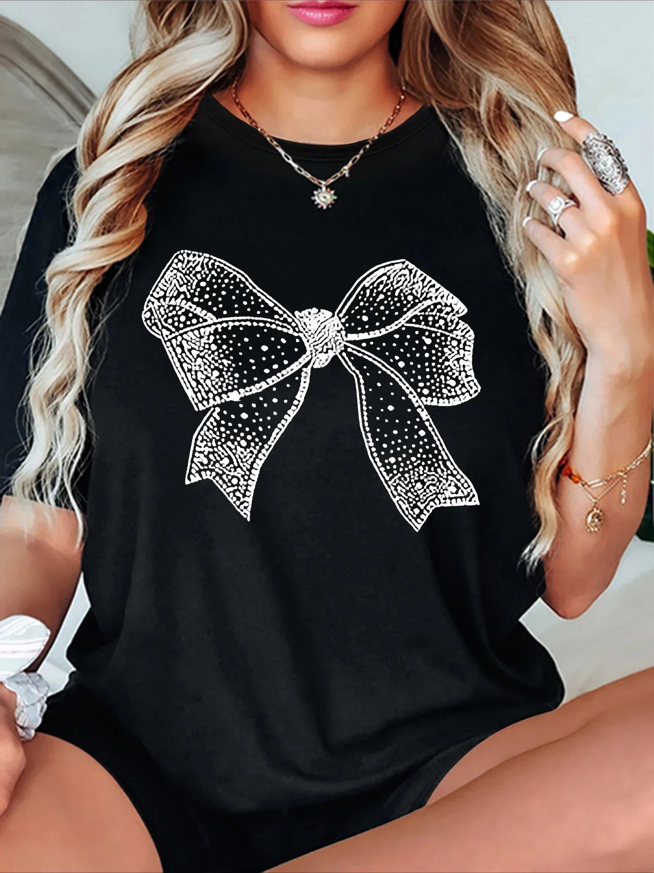 Women's T-Shirt with White Bow Print Soft Polyester