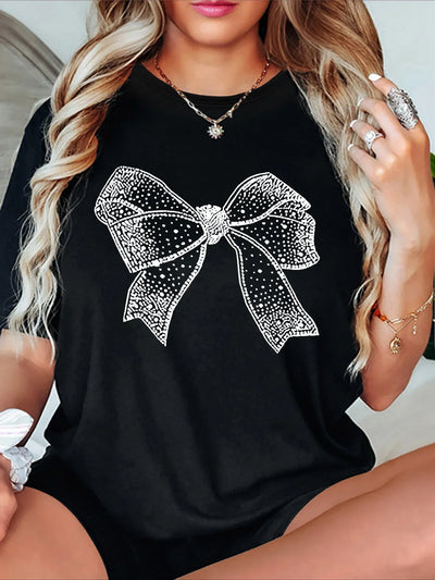 Women's T-Shirt with White Bow Print Soft Polyester