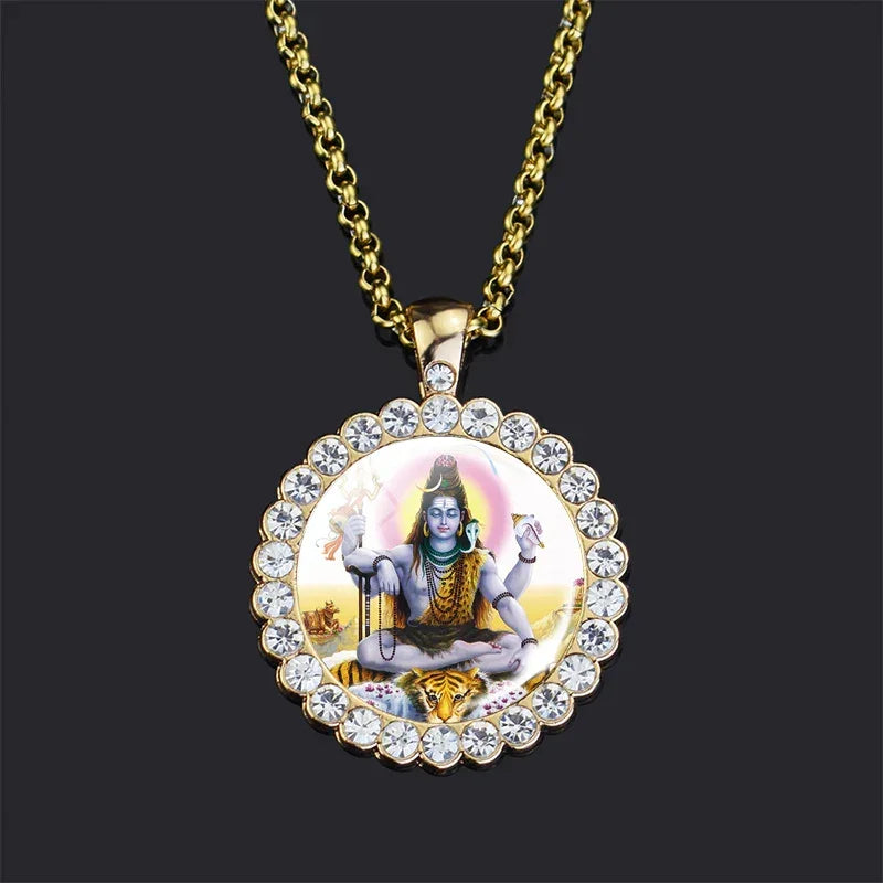 Shiva Parvati Necklace Hindu God Jewelry Vishnu Lakshmi Glass Rhinestone Pendant Chain Necklace Hinduism Jewelry