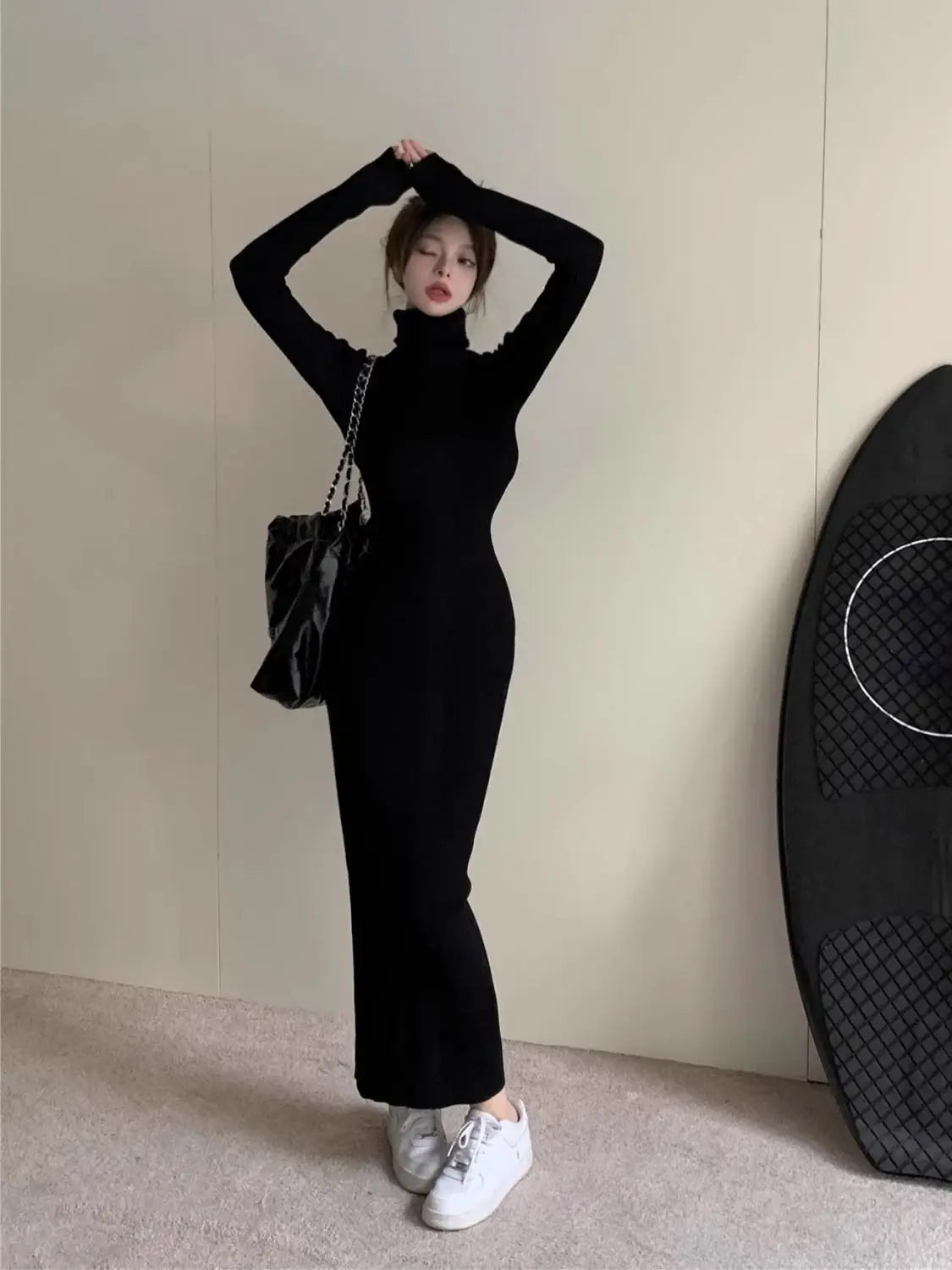 Long-sleeved High-necked Dress for Women Autumn Winter Bottoming Pure Lustful Sweet Girl Waist Tight Hip-hugging Long Skirt