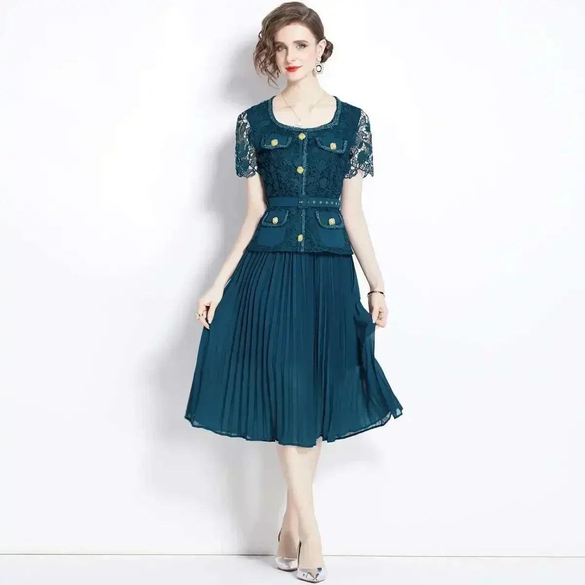 Luxury evening dress women summer vacation short sleeve pleated lace chiffon long dresses white single breasted midi