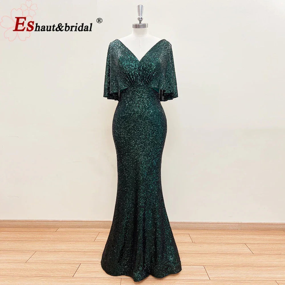 Elegant Sequin Evening Dresses for Women 2025 V Neck Mermaid Cape Sleeves Plus Size Wedding Prom Formal Party Gowns Customized