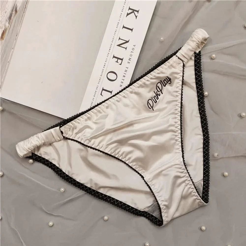 Sexy Girl Thongs Women Glossy Underwear Panty Low Waist Solid Color Satin Fabric Briefs Embroidery Fitness Sports Underpants
