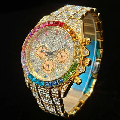 2025 Top Luxury Watch For Men Fashion Ice Diamond Hip Hop Rainbow Diamond Multifunction Man Quartz Wristwatch Gift Dropshipping